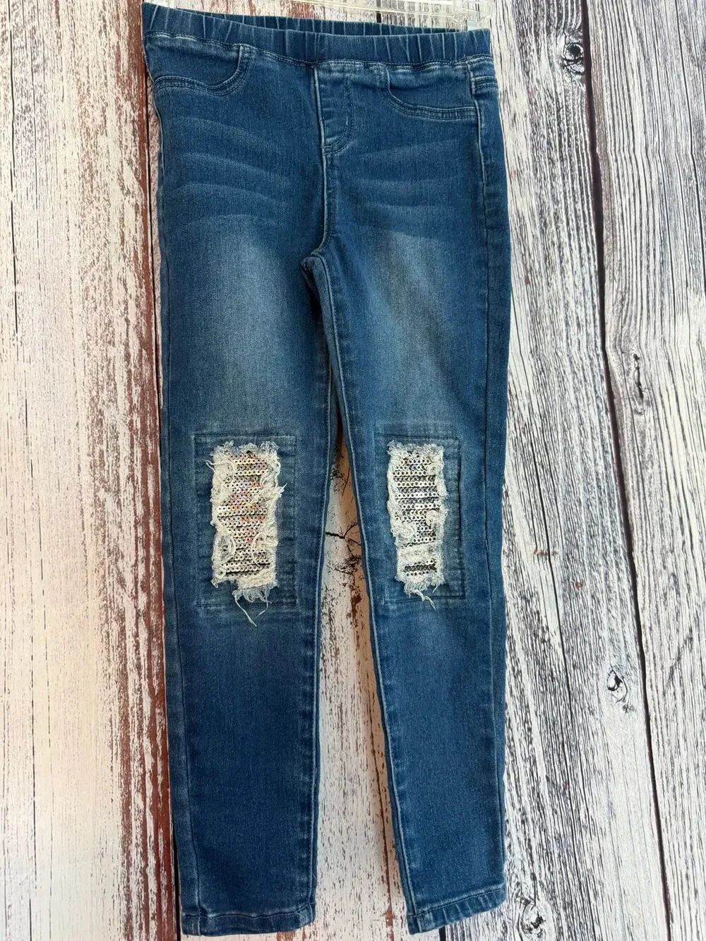 Fabkids Youth Jeggings Distressed Kness Silver Sequins  Size 8